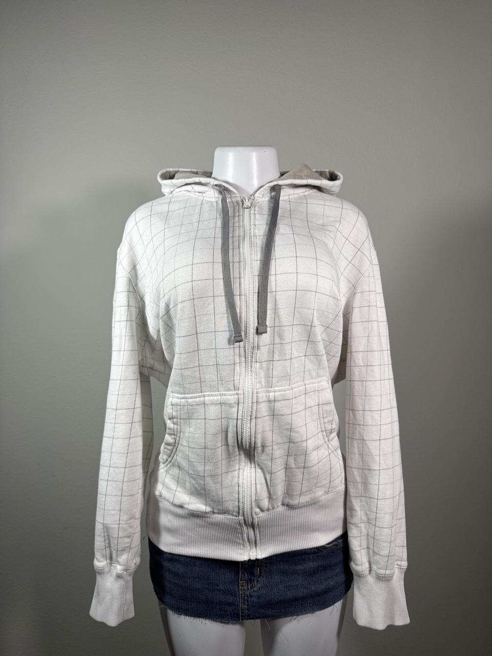 Vintage Ocean Pacific white grid zip-up hoodie, women's Y2K used clothing, front view