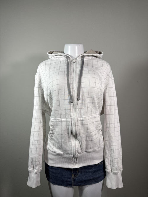 Vintage Ocean Pacific white grid zip-up hoodie, women's Y2K used clothing, front view