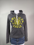 American Eagle gray graphic pullover hoodie, women's Y2K used clothing, front view