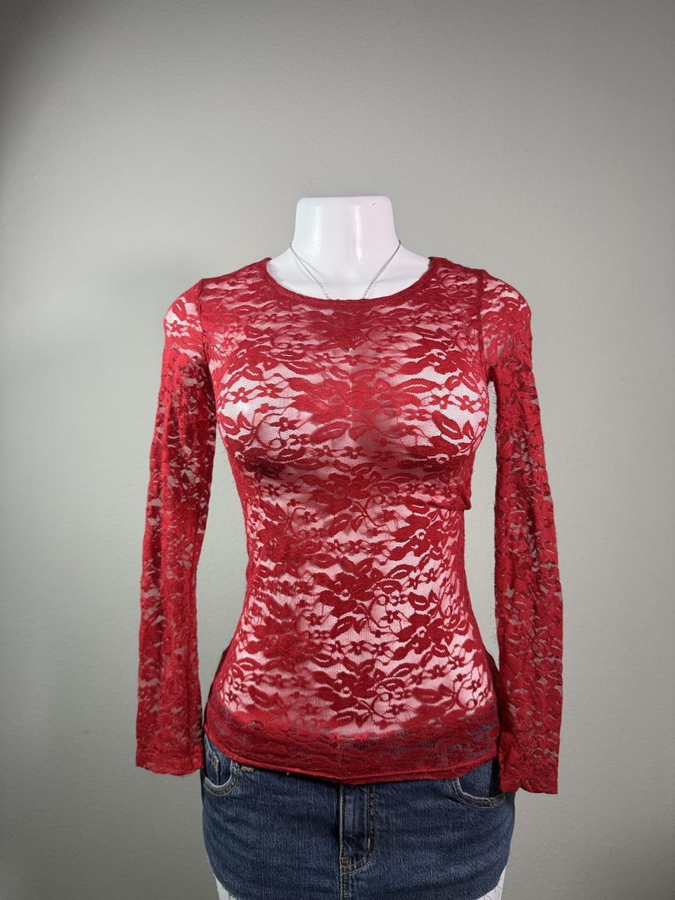 Forever 21 sheer red lace long sleeve top, women's Y2K coquette used clothing, front view